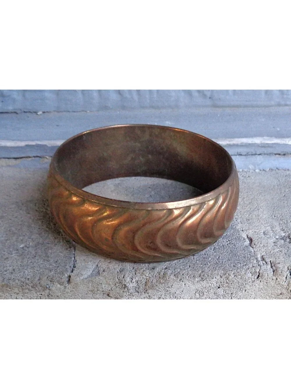 Vtg Copper Plated? Bangle Bracelet Wavy Chevron Swirl Ridged Ribbed Textured